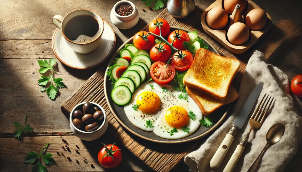Утро в стиле кафе – яичница с тостами и овощами полезные завтраки