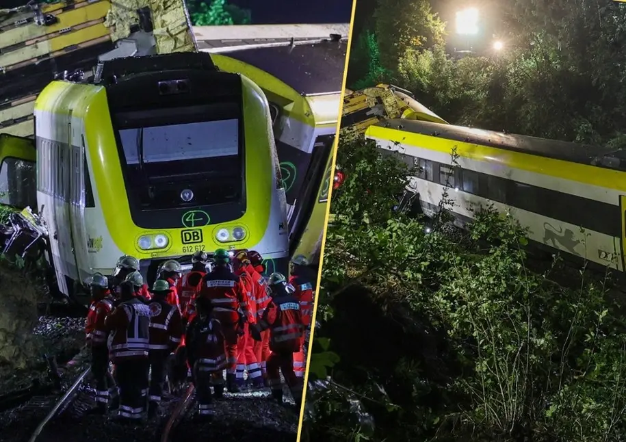 Спасательные службы у повреждённых вагонов поезда Deutsche Bahn, сошедших с рельсов ночью в лесистой местности Германии