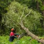 Рабочий с бензопилой распиливает дерево, упавшее на линии электропередач в лесу, последствия непогоды в Брестской области.
