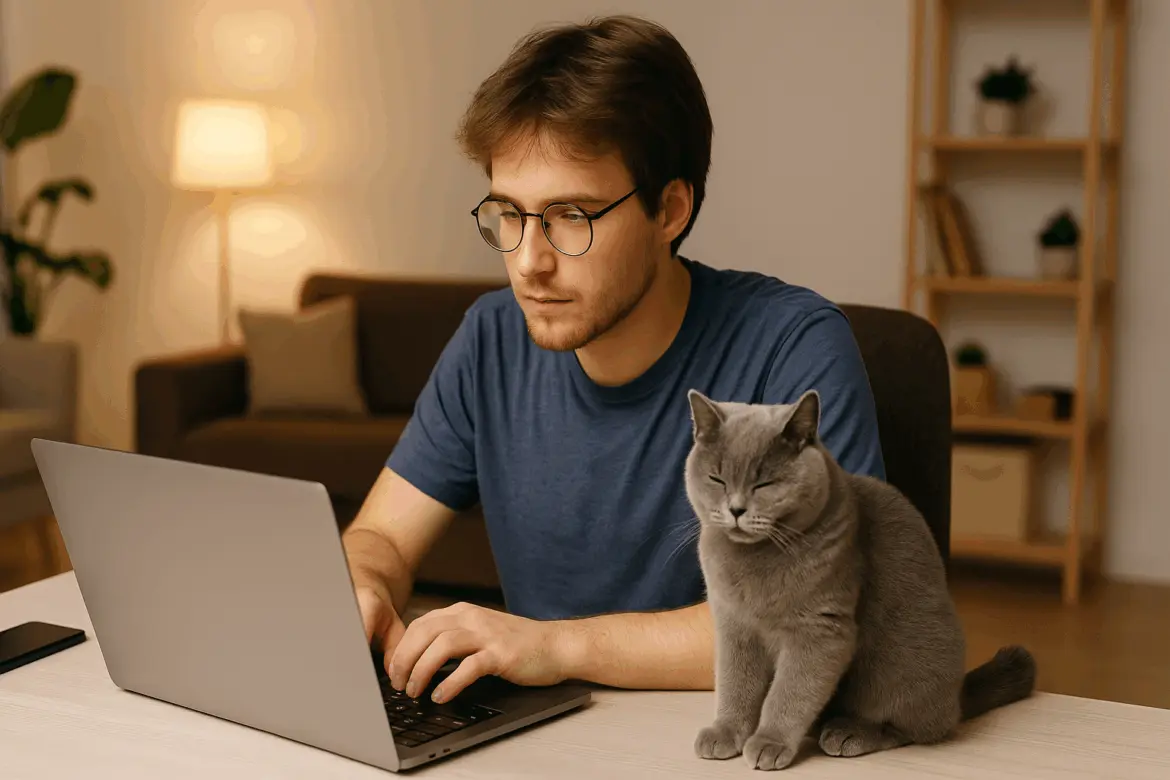 Работают много, получают мало — ТОП-5 отраслей Мужчина работает за ноутбуком дома, рядом с ним сидит кот.