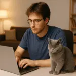 Мужчина работает за ноутбуком дома, рядом с ним сидит кот.