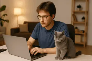 Мужчина работает за ноутбуком дома, рядом с ним сидит кот.