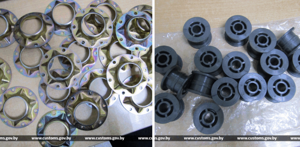 Металлические шайбы и втулки, изъятые у водителя автобуса при попытке ввоза в Беларусь.