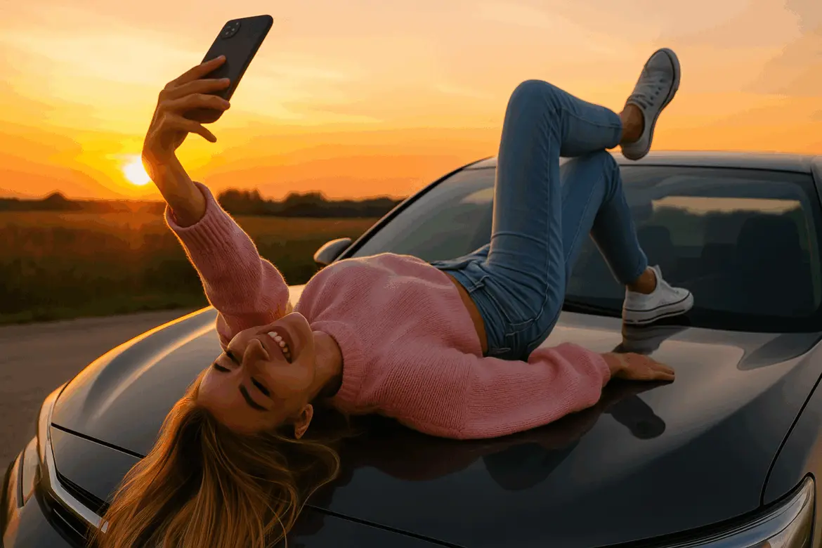 Девушка позирует на крыше автомобиля для селфи – опасный кадр с риском для жизни.