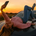 Девушка позирует на крыше автомобиля для селфи – опасный кадр с риском для жизни.