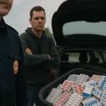 Польский таможенник и задержанный мужчина стоят у открытого багажника автомобиля