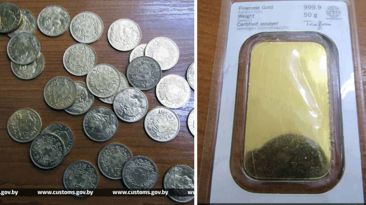 На белорусской границе нашли чемодан с золотыми монетами Швейцарские золотые монеты и слиток 999,9 пробы весом 50 граммов, задержанные на границе.