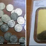 Швейцарские золотые монеты и слиток 999,9 пробы весом 50 граммов, задержанные на границе.