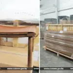 Два изображения: слева – табурет с кожаным сиденьем на деревянном каркасе; справа – крупная упакованная мебель в деревянном коробе