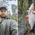 Слева – рыбак с большим линём на фоне леса. Справа – рука держит плотву на фоне высокой травы.