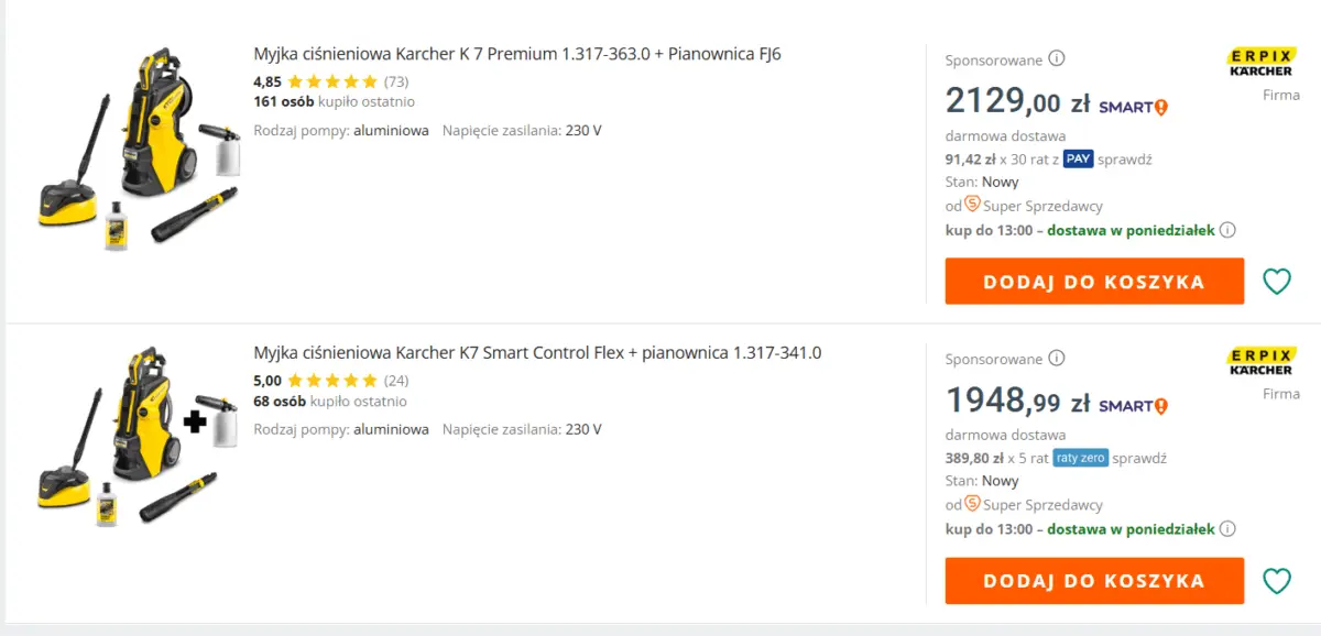 Скриншот польского онлайн-магазина с ценами на мойки Karcher K7.