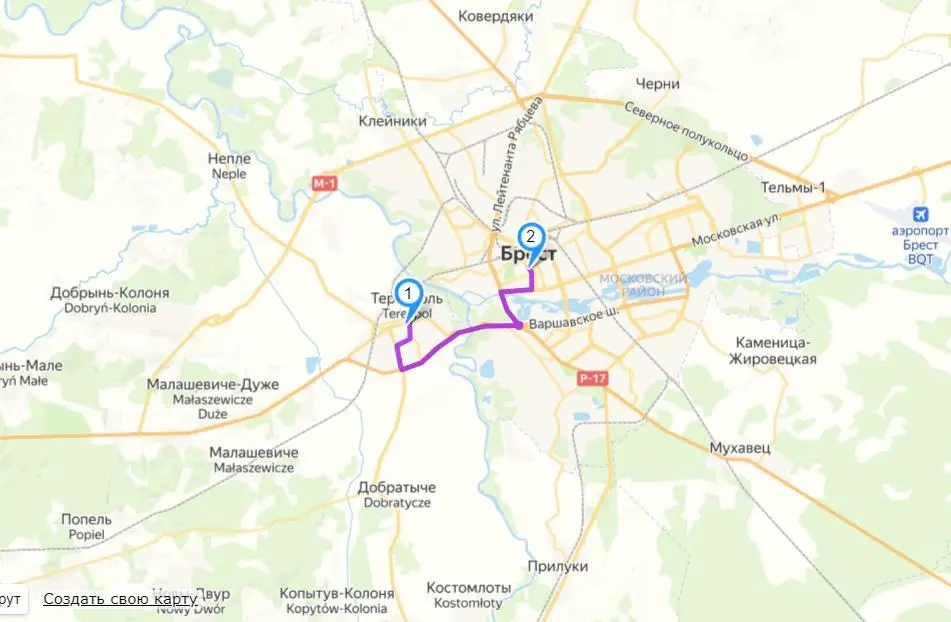 Карта с маршрутом длиной около 5 км от Бреста до Тересполя