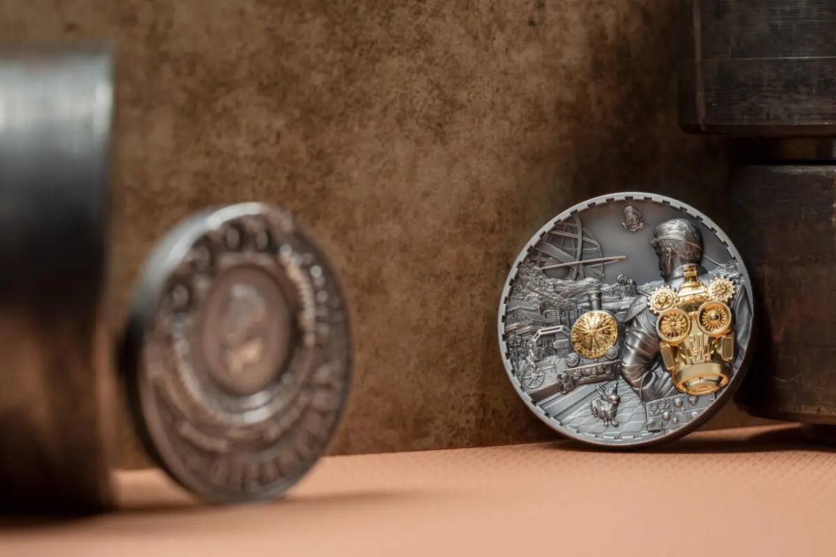 Монета «Стимпанк» с изображением мужчины и парового города.