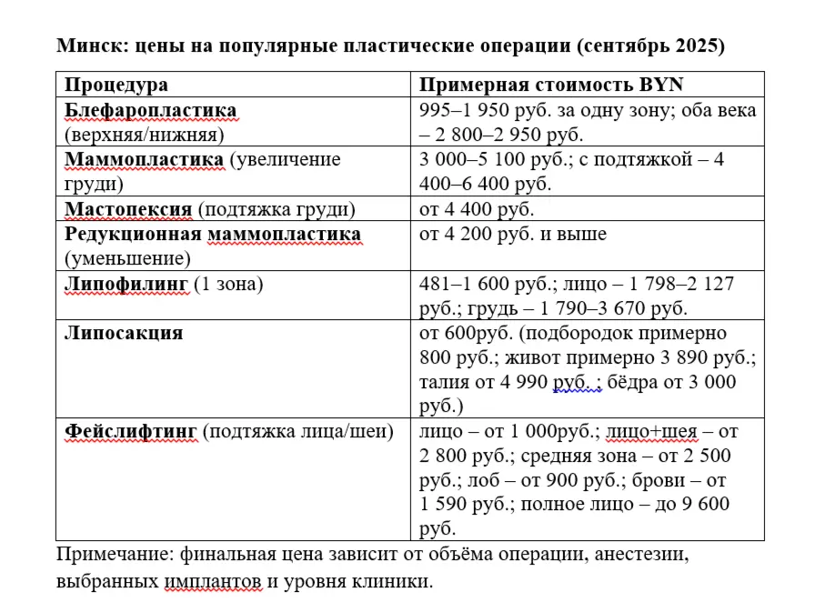 таблица с ценами на операции