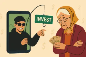 цифровая иллюстрация, на которой мошенник в чёрной одежде через смартфон заманивает пожилую женщину вложить деньги под видом инвестиций