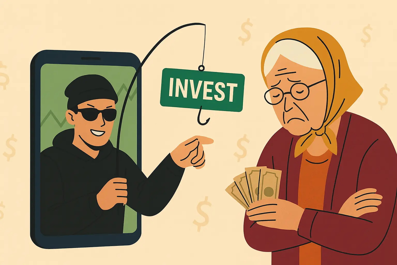 цифровая иллюстрация, на которой мошенник в чёрной одежде через смартфон заманивает пожилую женщину вложить деньги под видом инвестиций