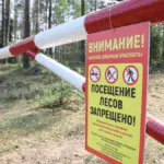 Шлагбаум с таблицей запрета посещения леса.