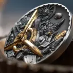 Серебряная монета «Стимпанк» с монопланом и золотым пропеллером.