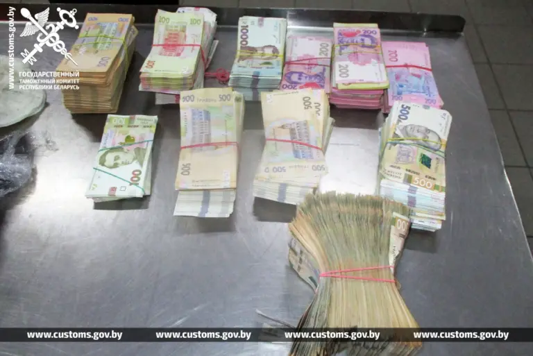 крупные стопки купюр номиналом 100, 200, 500 и 1000 гривен, разложенные на металлическом столе в таможне.