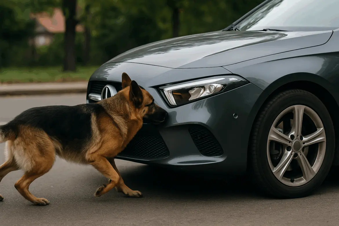 овчарка и автомобиль на мокрой осенней дороге в Беларуси после аварии