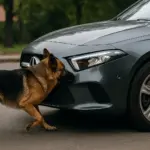 овчарка и автомобиль на мокрой осенней дороге в Беларуси после аварии