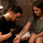 Молодой мужчина делает девушке татуировку на предплечье в мягком освещении