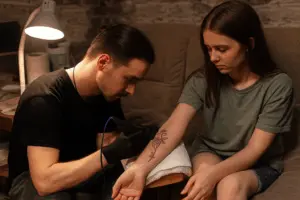 Молодой мужчина делает девушке татуировку на предплечье в мягком освещении