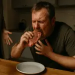 Кухня в частном доме, на столе кусок сырого мяса и пустой стакан, мягкий свет создаёт атмосферу бытовой драмы.