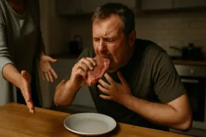 Кухня в частном доме, на столе кусок сырого мяса и пустой стакан, мягкий свет создаёт атмосферу бытовой драмы.