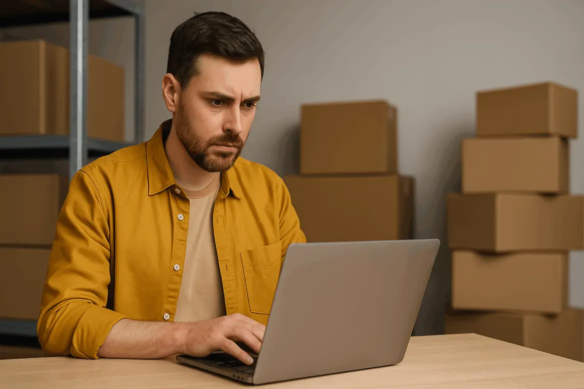 Предприниматель за ноутбуком на фоне коробок