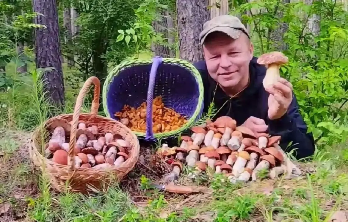 Грибник Александр Шевцов и белые грибы